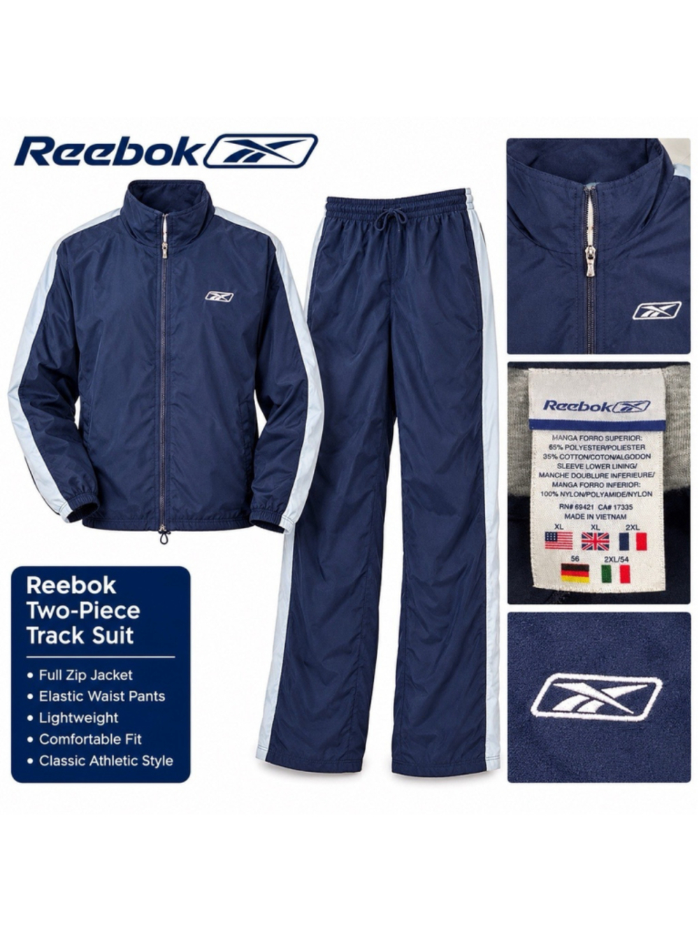 Reebok Men’s XL 2-Piece Lined Track Suit Navy Blue Full Zip Jacket & Pants